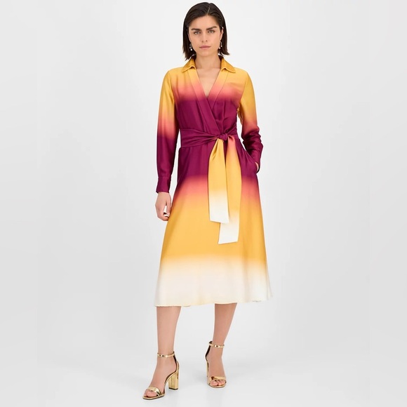 Tahari Dresses & Skirts - Tahari Gradient Burgundy and Yellow Long Sleeve Dress